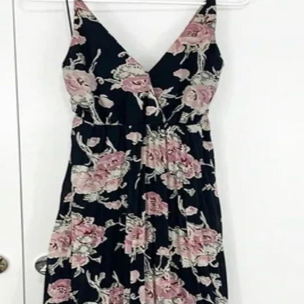 Anthropologie Leith Lg Black, Pink, White Floral V-Neck Spaghetti Strap Sundress
